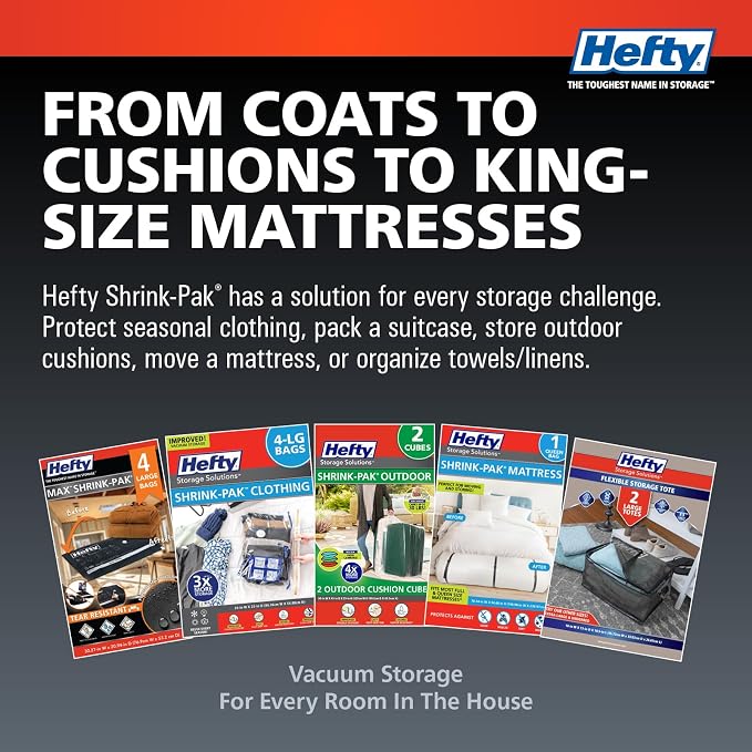 Hefty MAX Shrink-Pak Vacuum Seal Storage Bags for Clothing, Travel, Bedding | Tear & Water Resistant, Dual-Valve Space Saver Compression Bags - Large, 4-Pack