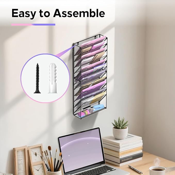 12-Tier Wall File Organizer with Base, Wall Mounted File Holder | Vertical Hanging File Organizer with Open Compartments and Label Holders for Mail, Folders and Paperwork at Home or Work