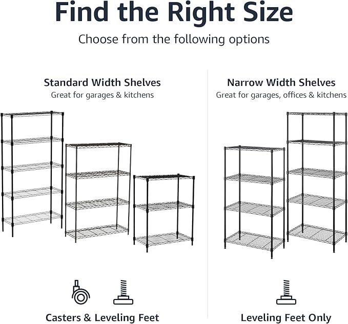 Amazon Basics 4-Shelf Steel Wire Storage Shelves for Garage, Adjustable Metal Shelving Unit, 200 lbs Per Shelf, 23.2" W x 48" H x 13.4" D, Black | Sturdy