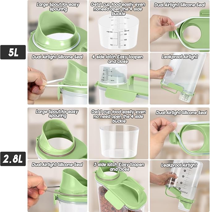 LEAWALK 5-7Lbs Dog Cat Food Storage Container with Upgraded Large Nozzle BPA-free, 4 Snap Seals Plastic Pet Food Storage Containers with Handles (Green x 2, (5L+3L) 2pack)