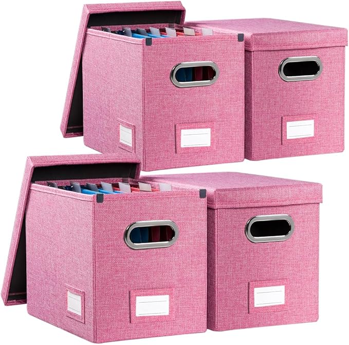 File Organizer Box - Set of 4 Collapsible Decorative Linen Filing Storage Hanging File Folders with Lids Office Cabinet Letter Size Pink (14x9.3x10.8 inch)