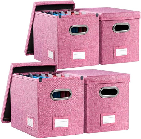 File Organizer Box - Set of 4 Collapsible Decorative Linen Filing Storage Hanging File Folders with Lids Office Cabinet Letter Size Pink (14x9.3x10.8 inch)