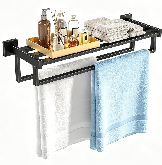 STWWO Towel Racks for Bathroom Wall Mounted, 24 Inch Black Double Towel Bar | Dual Towel Rack with Shelf, Double Towel Bar with Shelf, Stainless Steel Hand Towel Hanger, Bath Towel Holder for Wall