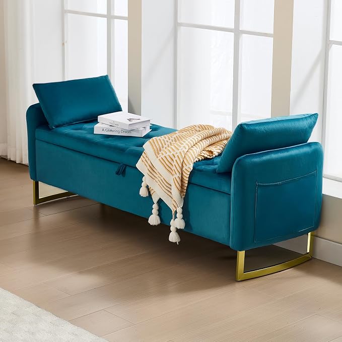 65" Storage Bench for Bedroom, Velvet End of Bed Bench, King Size Bed Benches for Foot with Tufted Button and Gold Legs, Upholstered Window Ottoman Benches with Armrests, Vintage Green