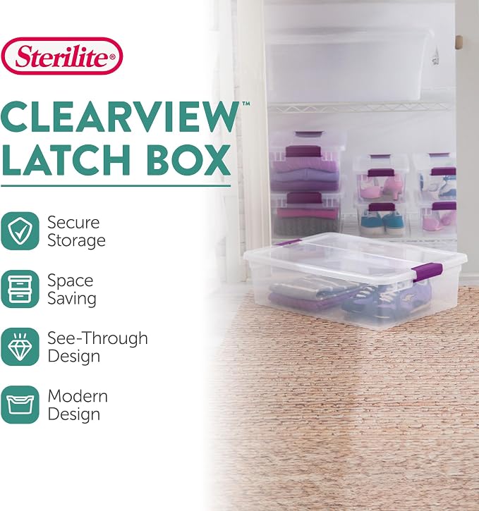 Sterilite ClearView Latch Boxes, Storage Bins with Lids, 32 Quart, 18-Pack | Clear Plastic Organizers with Color Accent Latches for Closet, Bedroom, Shelving Units, Dorm Room and Home Organization