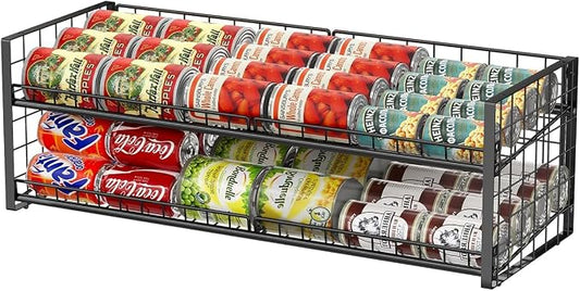 2-Tier Stackable Can Rack Organizer for Pantry Shelf, Extra-Long Can Holder for Kitchen Organization,Heavy Duty Can Dispenser for Canned Food Soup Goods up to 64 in Cabinet Storage, Black
