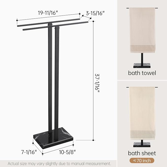KES 37" Freestanding Towel Rack, Heavy Black Marble Base, Stainless Steel | Equal-height, Fits Large Bath Towels, Stable 8.23 lb Base, Rustproof Stainless T-Bars, Modern Design