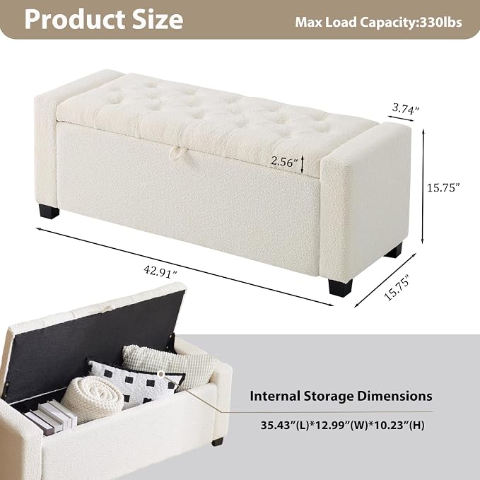 43 Inch Storage Ottoman Bench, Bench for Bedroom End of Bed, Ottoman with Storage for Living Room and Entryway (Boucle Cream)
