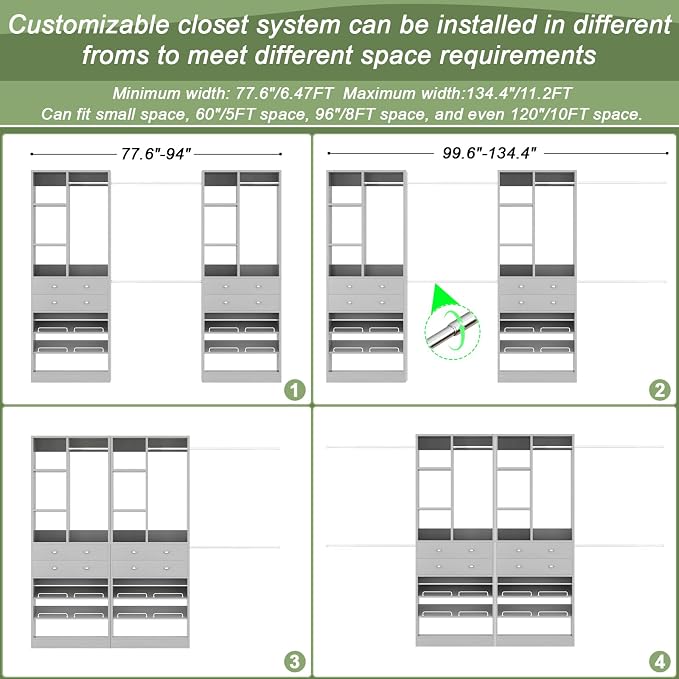 Besiost Closet System, Up to 134"/11.2 FT Closet Organizer with 4 Wooden Drawers and Shelves, Walk-in Closet System with 6 Hanging Rods, Built-in Closet Can Fit 96"/8FT, 120"/10FT, Morandi Grey Set 2