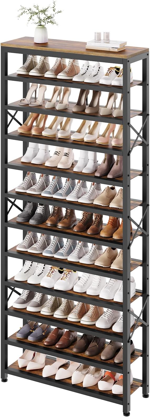 12-Tier Tall Shoe Rack Organizer, Wooden Shoe Storage for Closet Holds 48 Pairs, Sturdy Shoe Shelf with X-Shaped Metal Support, for Entryway, Bedroom, Rustic Brown and Black SS212BR