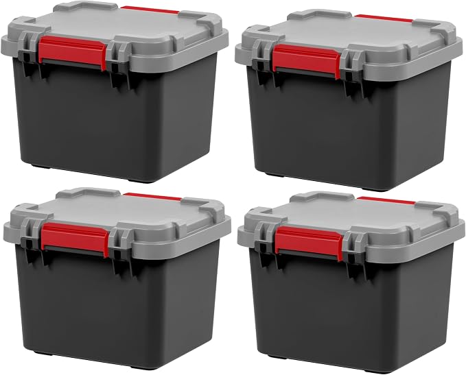 IRIS USA 4-Pack 8 Gallon Lockable Storage Trunk TrailBox, Dark Gray/Gray | Stores tools, recovery gear, first aid supplies and vehicle essentials, Compact lockable stackable design saves cargo space