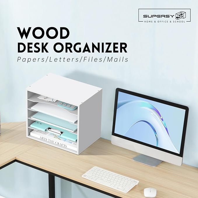 5 Tier Wood Desk Organizer, Mail Sorter and Paper Organizer for Desk, White | Wooden Desktop Organizer for Sorting Papers, Letters and Mails, Literature Organizer for Home Office, Classroom Organization