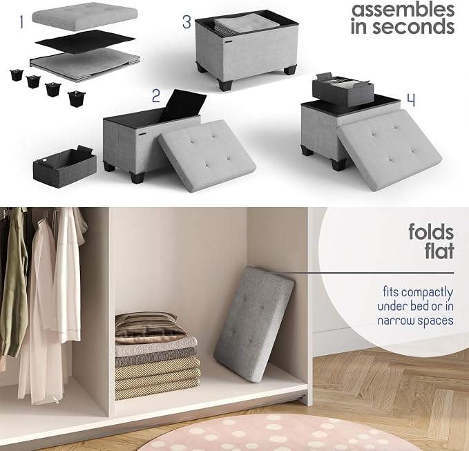Storage Ottoman Cube with Small Bin, 16-in Square Ottoman with Storage for Living Room and Bedroom, Small Ottomans Foot Rest, Fabric Foot Stools Ottomans Max 330lbs, Light Grey