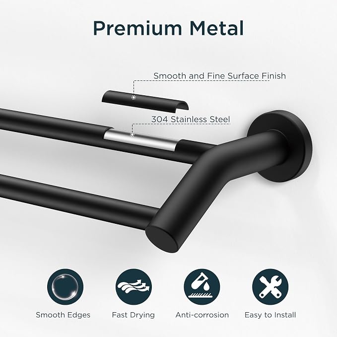 FORIOUS Double Towel Bar 24", Bathroom Towel Holder Rod Wall Mounted Black | Heavy Duty Towel Racks for Bathroom Bedroom, Space Saving, Rustproof, Stainless Steel Towel Holder, Total Length 26 Inch