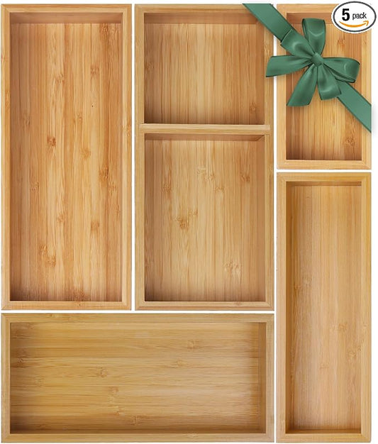 MapleGrace Bamboo Drawer Organizer Set, Individual Wood Storage Organizers | 5 PCS Multi-Use Junk Drawer Divider, Storage Trays Containers for Kitchen, Bathroom, Office Desk, Makeup, Jewelry, Utensils