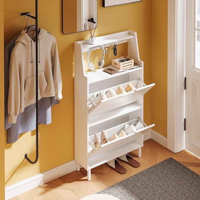 HHaotian Flip-Drawer Shoe Cabinet with Two Drawers & Open Shelves | Slim Hidden Shoe Rack Cabinet with Hook for Entryway, FSR221-W