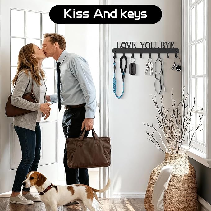 Key Holder for Wall - 'Love You Bye' Key Hooks, Black, 6 Hooks | Key Holder Wall Mount Self Adhesive, Key Rack Wall Mount for Wall No Drill for Living Room, Kitchen, Bathroom, Garage