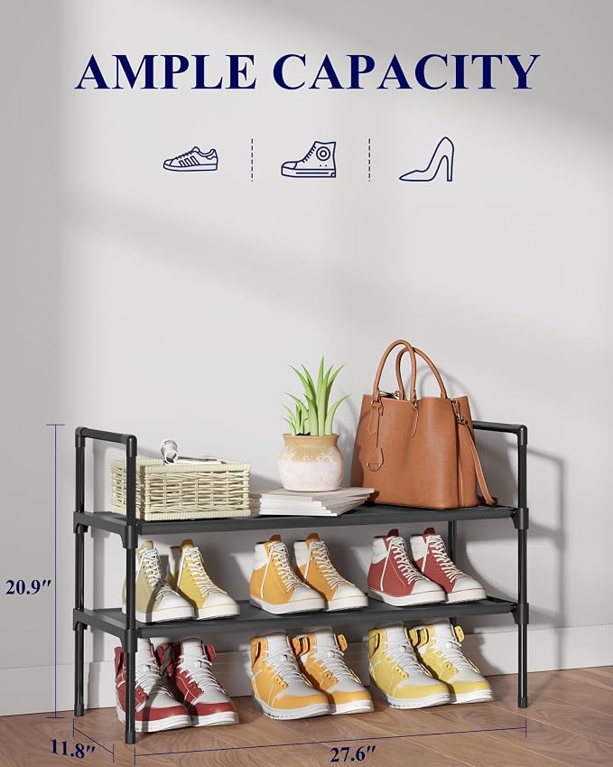 Kitsure Shoe Rack for Closet, Shoe Organizer, 27.6" Wide - 2 Tier, Black | Shoe Storage for Closet, Entryway, Easy- Assembly& Space-Saving Shoe Shelf with Side Handle, Closet Organizer