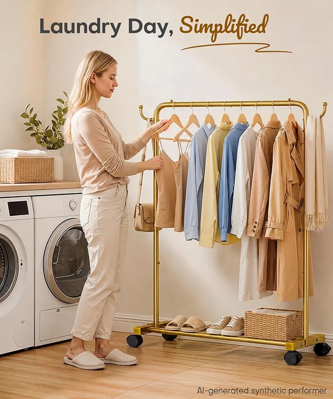Homde Portable Clothes Rack for Bedroom: 4 Lockable Wheel Move Room-to-Room | Laundry to Closet in 1 Smooth Roll - No Heavy Lifting for Renters & Movers - 88 lbs Hanging Rod for Garment Coat to T-Shirt