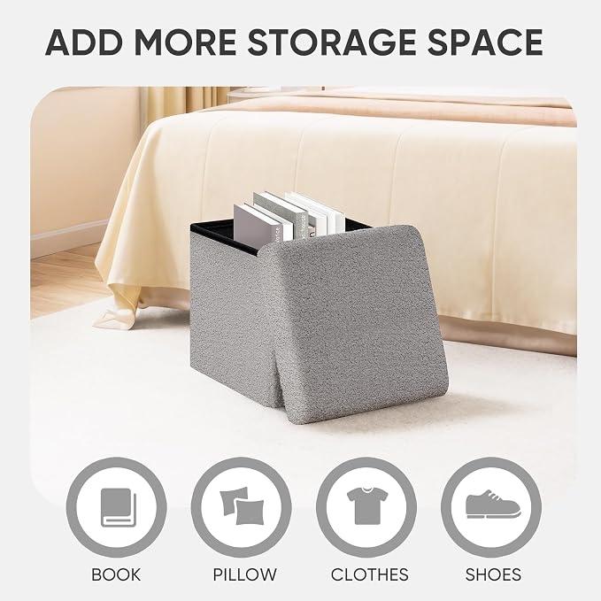PINPLUS Storage Ottoman Cube Square Shaped Ottomans with Storage Foot Stool Footrest for Lving Room Boucle Ottoman Seat for Dorm Room,Faux Teddy Fur Grey,15"x15"x15"