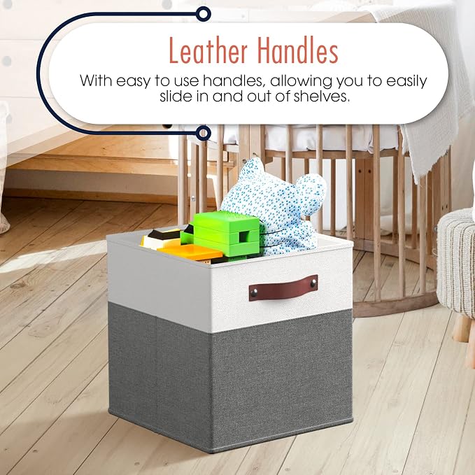 Ornavo Home 11x11 Foldable Fabric Storage Cube Bins, 6 Pack, White/Gray | Collapsible Linen Shelf Basket Organizer; Leather Handles; Ideal Cube Storage For Closet