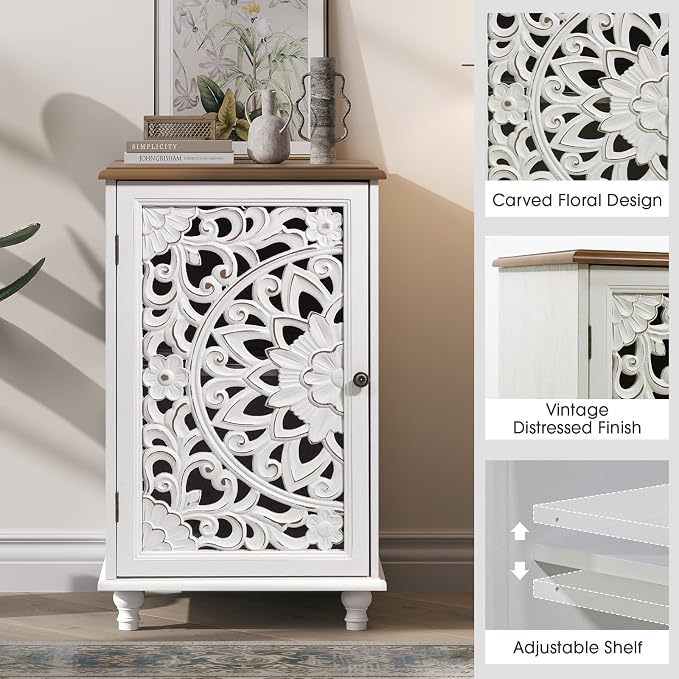 JOINICE Accent Cabinet with Hand-Carved Door for Living Room/Bedroom | Hand-Carved Floral Design, Boho/Farmhouse/Rustic Style, Space-Saving, Sofa Table/End table, Solid Wood Legs, Adjustable Shelf