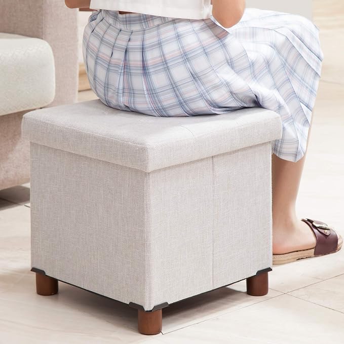 15 Inch Storage Ottoman with Wooden Legs - Cube Foot Rest Stool, Square Footstool, Comfortable Seat with Lid, Foldable Fabric Ottoman, Space-Saving White