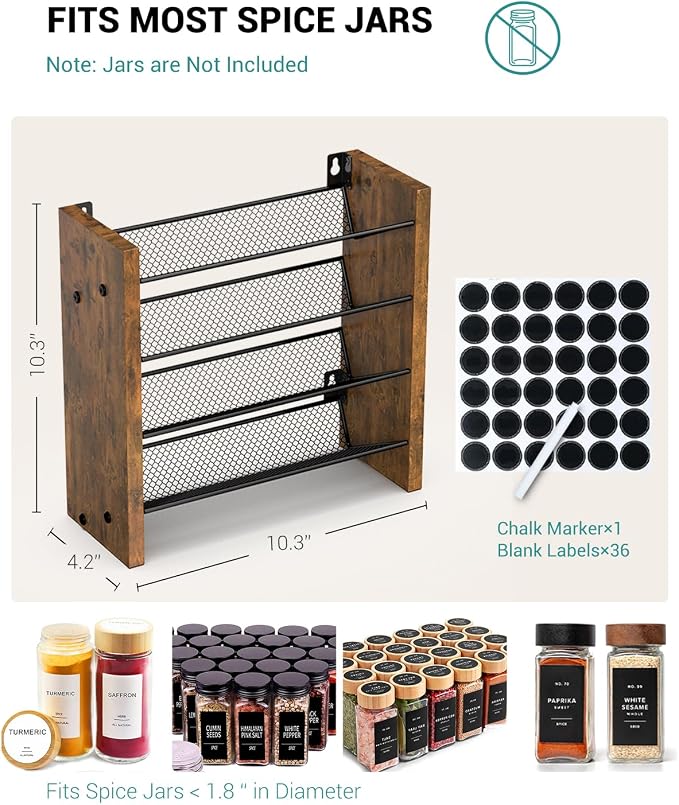 NESAPTO Spice Rack Organizer for Cabinet, Wood 4-Tier Vertical Seasoning Organizer, Wall Mount or Countertop Spice Shelf, Holds 20 Jars (No Jars Included), 10.3" W x 10.3" H