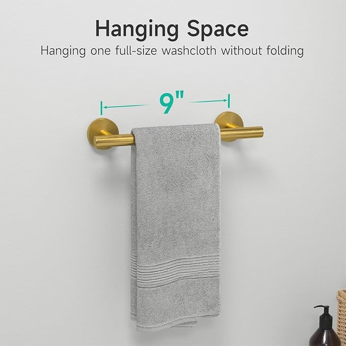 USHOWER Brass Gold Hand Towel Bar, 9-Inch Towel Racks for Bathroom | Thicken SUS304 Stainless Steel Towel Rod, Towel Holder Wall-Mounted, Modern Home Decor (Total Length 11-Inch)