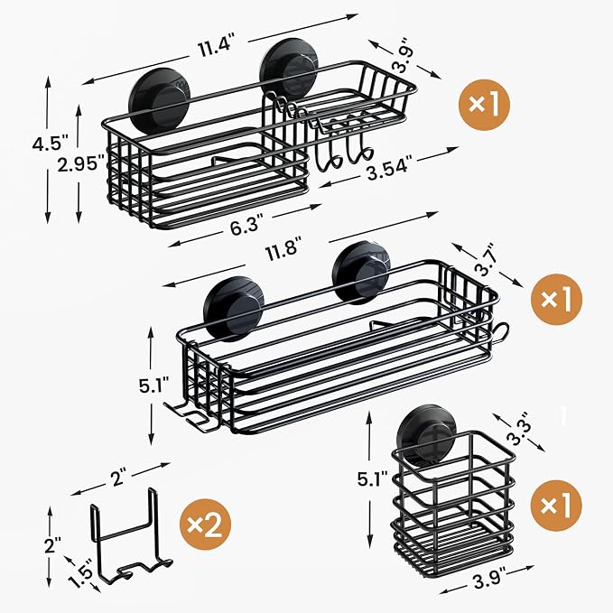 LEVERLOC Shower Caddy Suction Cup, Bathroom Organizer for Inside Shower | Black Bathroom Organizer With Hook, Rustproof Shower Holder Storage, 3 Pack Shower Caddies, Heavy Duty Shower Basket