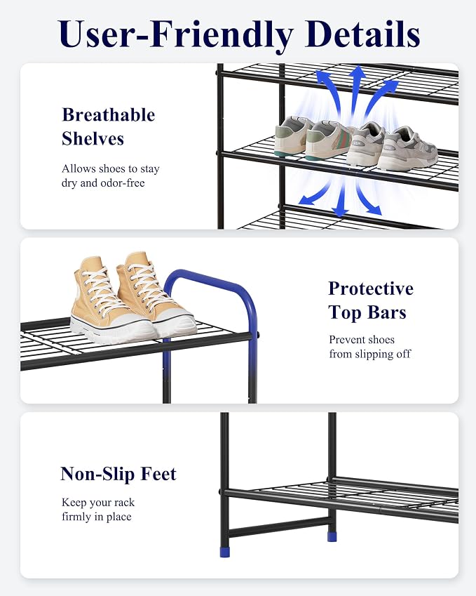 Kitsure Stainless Steel Shoe Rack Organizer, 25.6" Wide - 3 Tier, Black | Sturdy Shoe Rack for Closet and Entryway, Free Standing Shoe Shelf, Closet Organizers and Storage