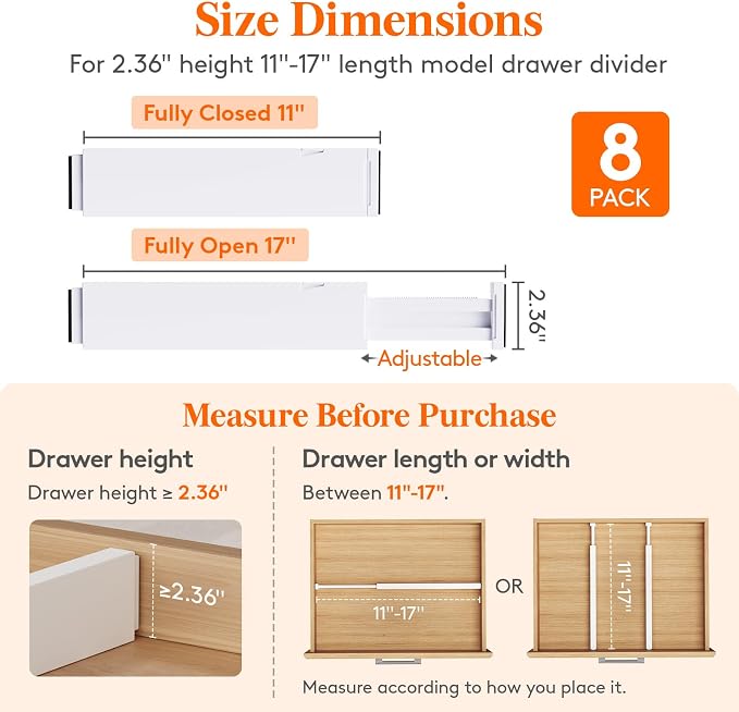 Lifewit 8 Pack 2.36" High Drawer Dividers 28-43.5cm/11-17" Adjustable Drawer Organizer for Clothes/Utensils, Expandable Drawer Separator in Dresser/Kitchen/Bedroom/Office Organization & Storage White
