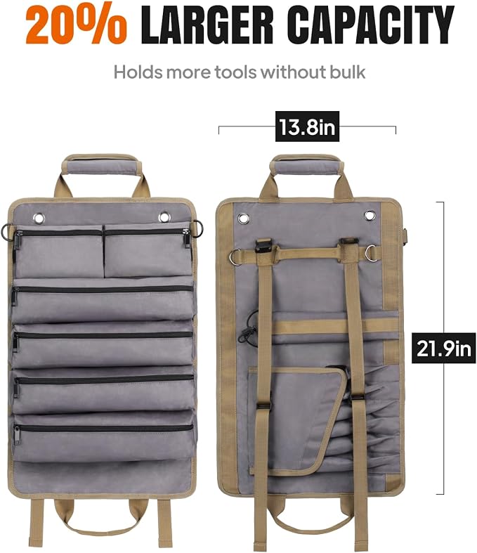 Tool Roll Up Bag, 1680D Heavy Duty Tool Bag Organizer with 2 Detachable Tool Pouches & Multiple Pockets, Waterproof Motorcycle Tool Roll for Mechanic & Electrician, Gift for Men Him Dad, 21.9"*13.8"