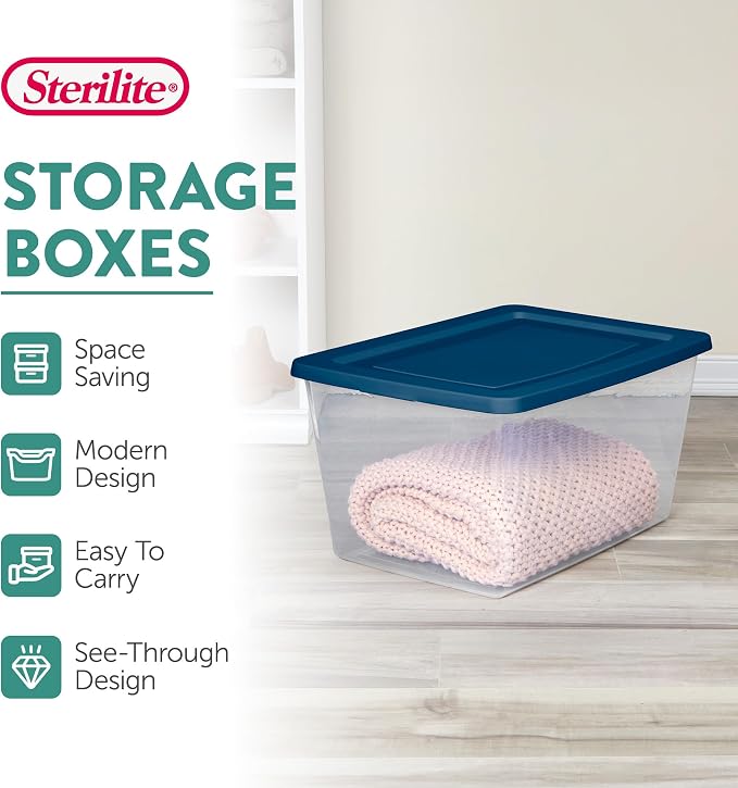 Sterilite 24 Pack Storage Boxes, Clear Plastic Stackable Containers, Lightweight Home Organizers with Snap Lids, 58 Quart, Marine Blue
