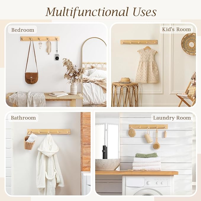 Coat Rack Wall Mount, Wooden Coat Hanger, Natural, 2 Pcs | Heavy Duty, 5 Sturdy Rounded Hooks, Bamboo Wood Material, for Entryway, Doorway, Living Room, Kid's room, Living Room, Closet