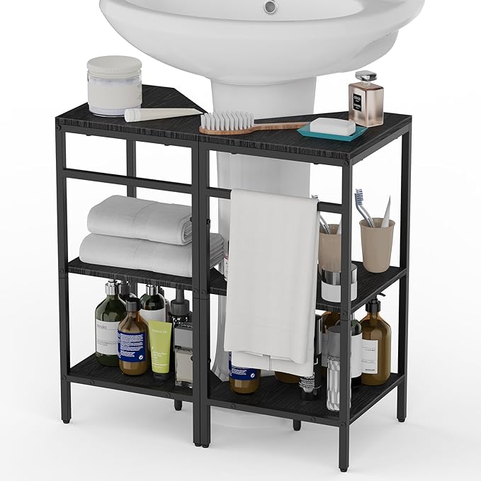 CADUKE Under Pedestal Sink Shelf, 2 Pack Under Sink Organizers and Storage, 3-Tier Pedestal Under Sink Storage Bathroom Vanity, Corner Shelf Stand for Bathroom, Kitchen, Living Room, Black
