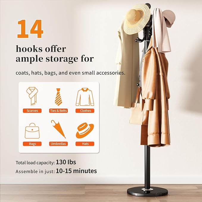Metal Coat Rack Stand Coat Rack Freestanding with 360° Rotary,Black | Modern Coat Rack with 360° Rotary Design Sturdy Heavy Duty Hall Tree Hats Hanger Holder Stand 14 Hooks for Hallway Office