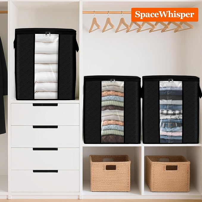 SpaceWhisper 4 Pack 100L Clothes Storage, Foldable Thick Fabric Blanket Storage Bags, Containers for Organizing Bedroom, Closet, Clothing, Comforter,Closet Organization with Handle,Black
