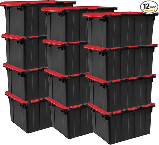 Sterilite Industrial Storage Tote with Lids for Garage, 12 Gallon, 12-Pack | Heavy-Duty and Stackable Utility Box Containers for Home, Office, and Basement Organization, Black/Red