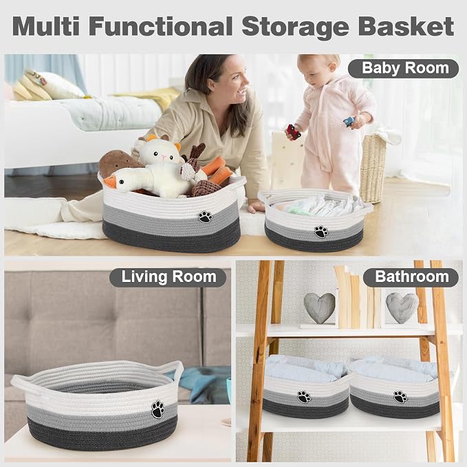 Optish Dog Toy Basket, Toy Box and Bin for Dog Cat Storage, 13.5" X 11" X 5" Small Woven Rope Basket for Baby Storage, Closet, Living Room, White & Grey