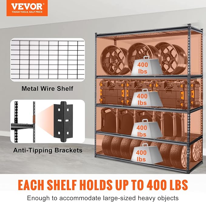 VEVOR Storage Shelving Unit 5-Tier Adjustable 2000 lbs Capacity Black | Heavy Duty Garage Shelves Metal Organizer Wire Rack, 60" x 24" x 78" for Kitchen Pantry Basement Bathroom Laundry Closet