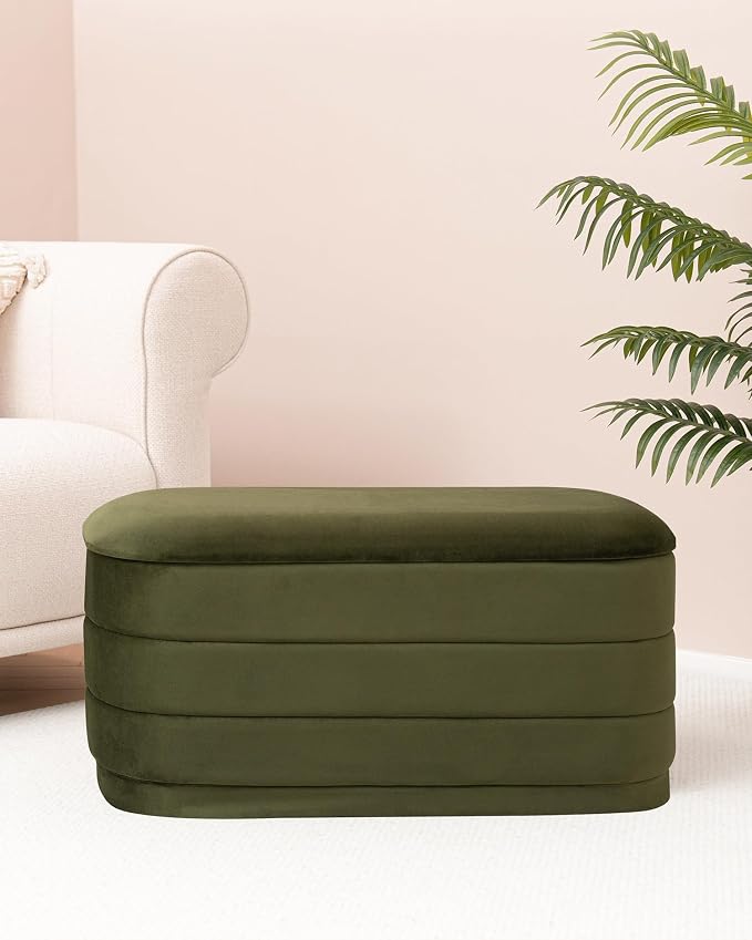B FSOBEIIALEO Velvet Storage Ottoman with Tray, Folding Ottoman with Storage Coffee Table Shoes Bench for Dorm Room, Living Room Olive, 30"x15"x15"