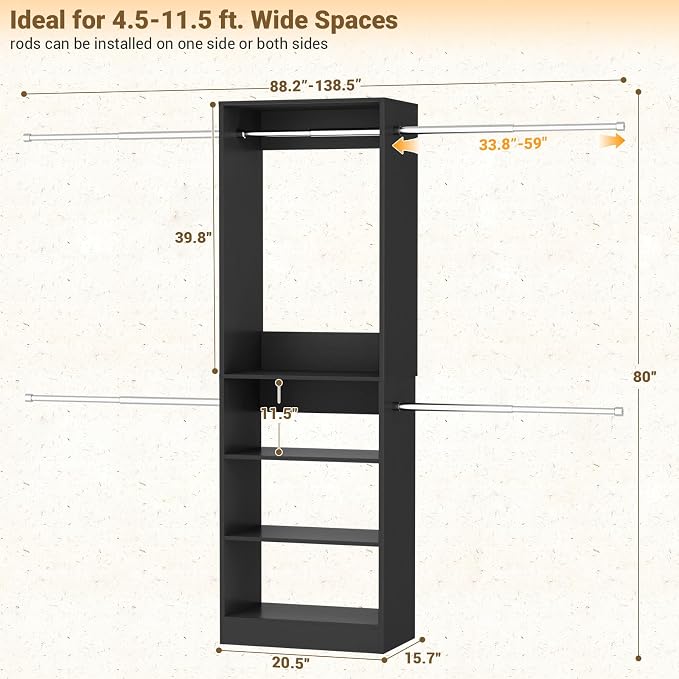 Closet System, 4.5-11.5 Ft Expandable Closet Organizer, Black | 5 Hanging Rods, Walk-in Wood Closet Organizer System with Storage Tower, Heavy Duty Garment Rack Wardrobe for Bedroom