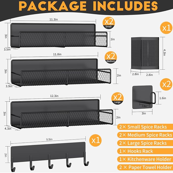 Magnetic Spice Rack for Refrigerator, 10 Pack 100% Metal Strong Magnet Shelf, Moveable Spice Organizer W/ Adjustable Paper Towel Holder, Hook Rack & Utensil Caddy, Home Kitchen Laundry Storage, Black