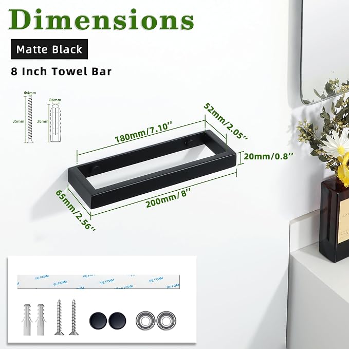 Alise 8 Inch Hand Towel Holder Black Towel Bar for Bathroom Wall Mounted | Towel Rack for Bathroom Lavatory,SUS304 Stainless Steel Towel Rail for Bath Kitchen Walls,Self-adhesive or Drilling Mount