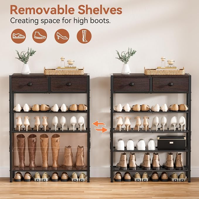 5 Tier Shoe Rack with 2 Drawers, 16-20 Pairs Dark Brown | Holds 16-20 pairs. 2 drawers for socks/keys. Removable layer for boots. Anti-tip kit included. Quick assembly.