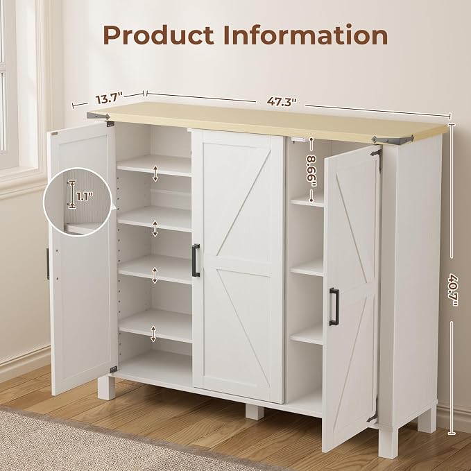 5-Tier Shoe Storage Cabinet, Farmhouse Shoe Rack Organizer Cabinet with 4 Adjustable Shelves & Side Cabinets, Freestanding Shoe Cabinet Storage with Anti-tip Fitting for Entryway, 47.3L×13.7W×40.7H