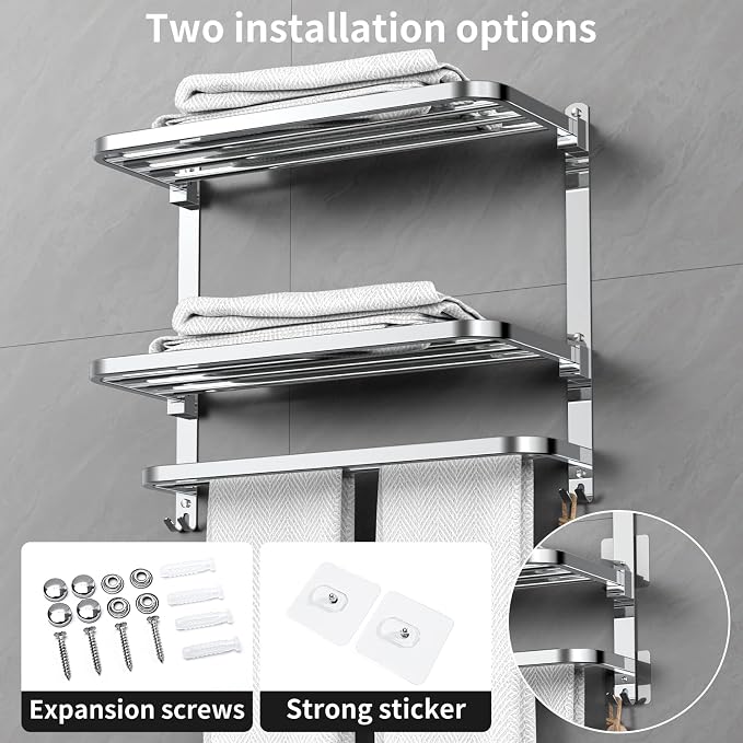 CAXIMSY 22.8Inch Towel Rack for Bathroom and Lavatory Towel Hanger with Wall Mount Towel Bars 304 Stainless Steel No Drill (Collapsible Towel Rack)