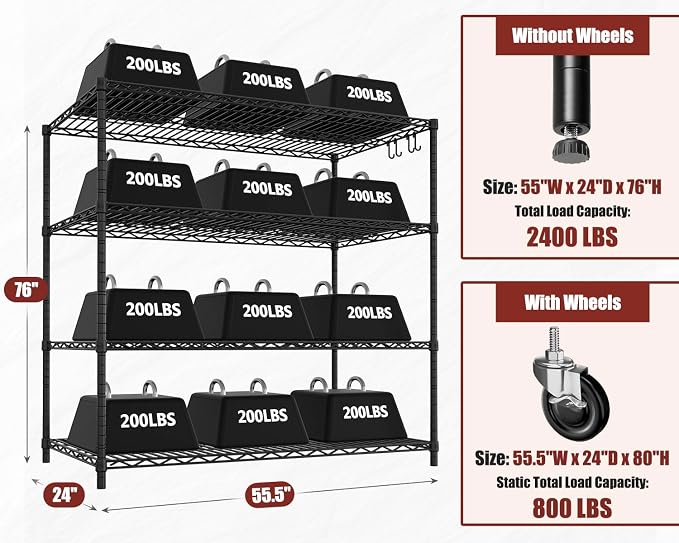 PrimeZone 4 Tier 55.5"W x 24"D x 80"H Heavy-Duty Wire Shelving with Wheels | Tote Storage Rack, Adjustable Shelves, 2400 LBS Capacity, 4" Rolling Casters, 25.4mm Steel Tube for Warehouse, Basement, 4PCS