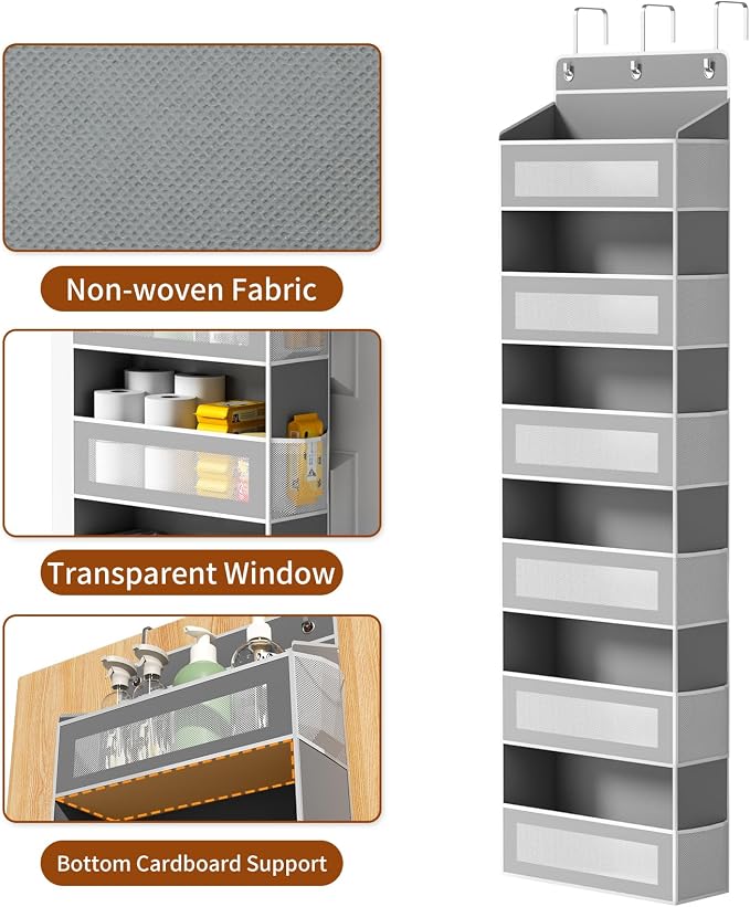AQOOA 6-Tier Over The Door Organizer 44 lbs Capacity fit Standard Doors | Over the Door Storage 6 Large 12 Side Pockets Behind Door Storage, Closet Door Organizer Hanging Shelf, Grey